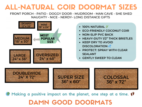 Promotional graphic for coir doormat sizes from skinny and small welcome mats up