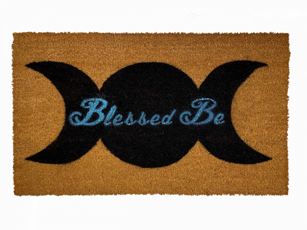 coir sustainable doormat with WICCAN  Moon and words Blessed be image on it