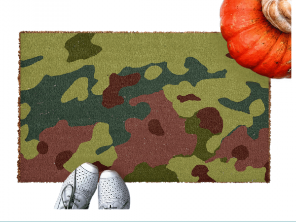 all natural coir doormat with a khaki camouflage camo pattern and pumpkin