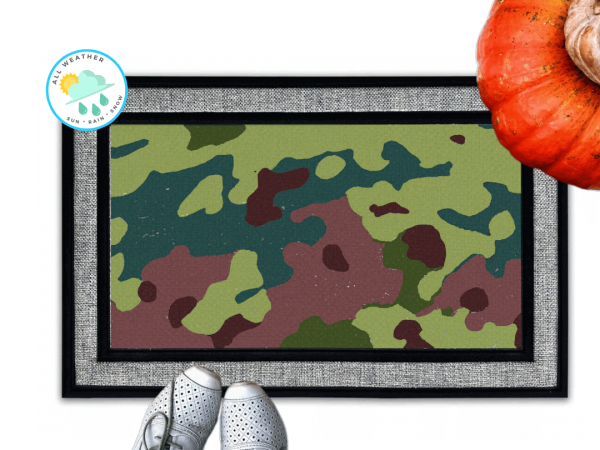 all weather doormat with a khaki camouflage camo pattern and pumpkin