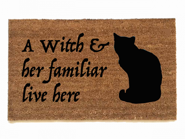 Grey Gardens witch cat familiar live here doormat spooky halloween outdoor decor