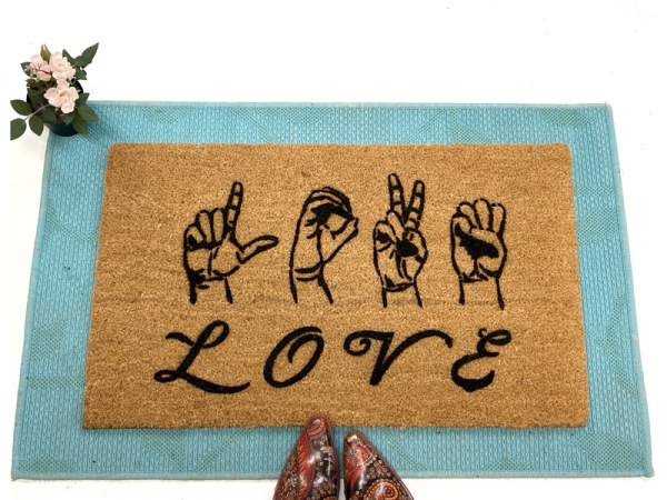 ASL LOVE American Sign Language Deaf culture Welcome damn good doormat