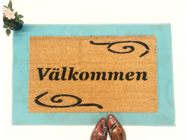 Välkommen!! This Scandanavian decor doormat is Swedish for Welcome