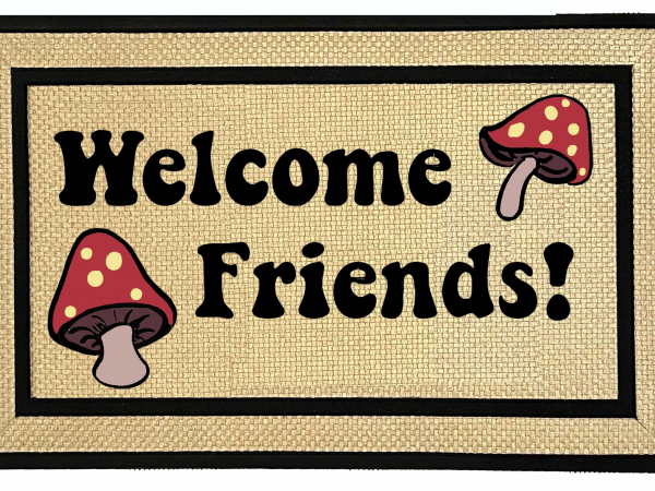 Welcome Friends psychedelic mushroom all weather doormat, recycled rubber backin