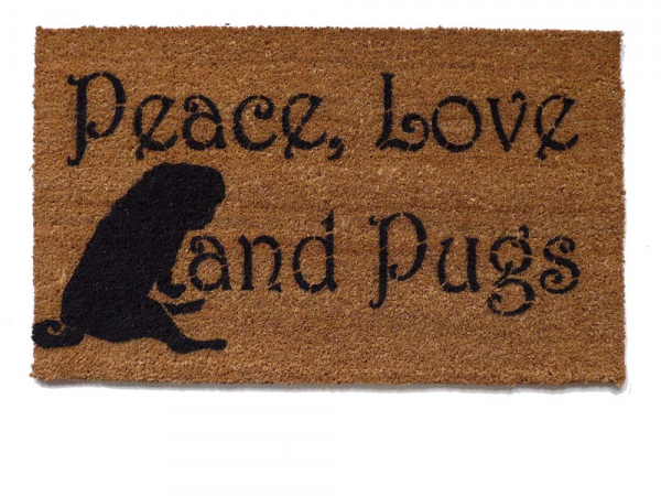 outdoor coir doormat with black pug and words Peace Love & Pugs