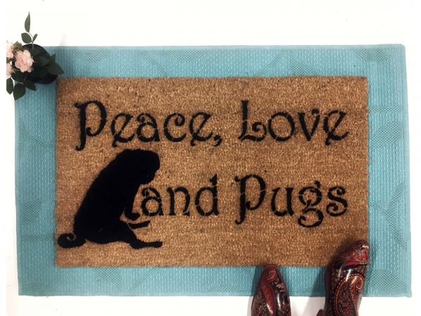 Peace Love & Pugs doormat dog lover gift