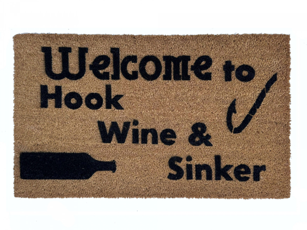 Hook, Line, Sinker fisherman's  doormat witha wine bottle and fishing hook